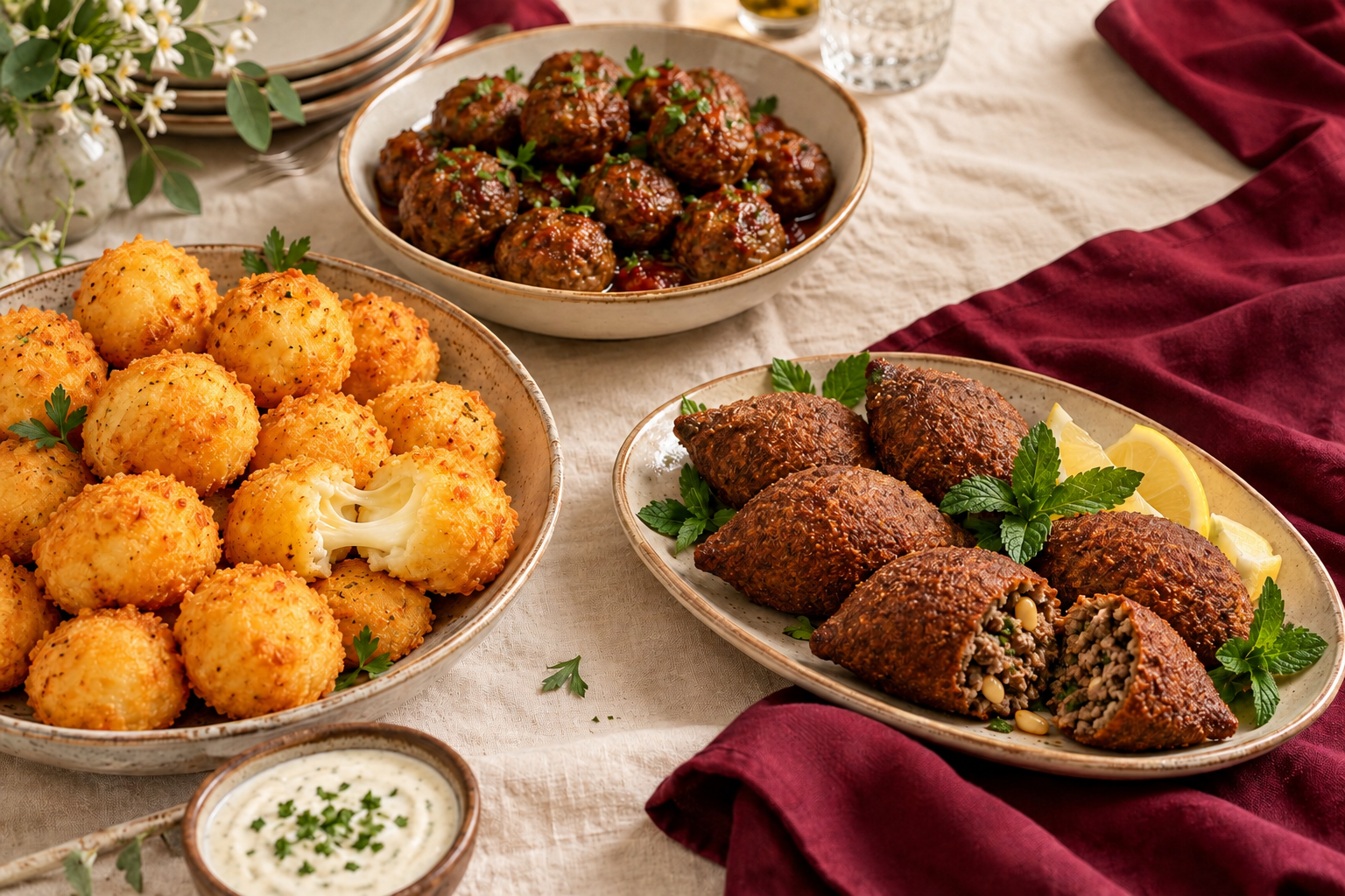 Sugestão de mesa com bolinhos, almôndegas e quibes